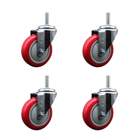 SERVICE CASTER 4 Inch Red Polyurethane Wheel Swivel 34 Inch Threaded Stem Caster Set Service Caster SCC-TS20S414-PPUB-RED-34212-4